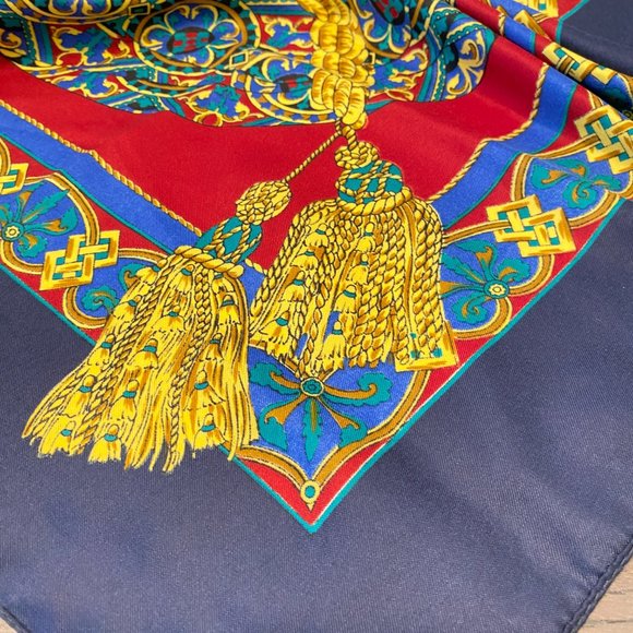 Square Scarf Mandala and Tassels Burgundy Navy Gold - Picture 3 of 5